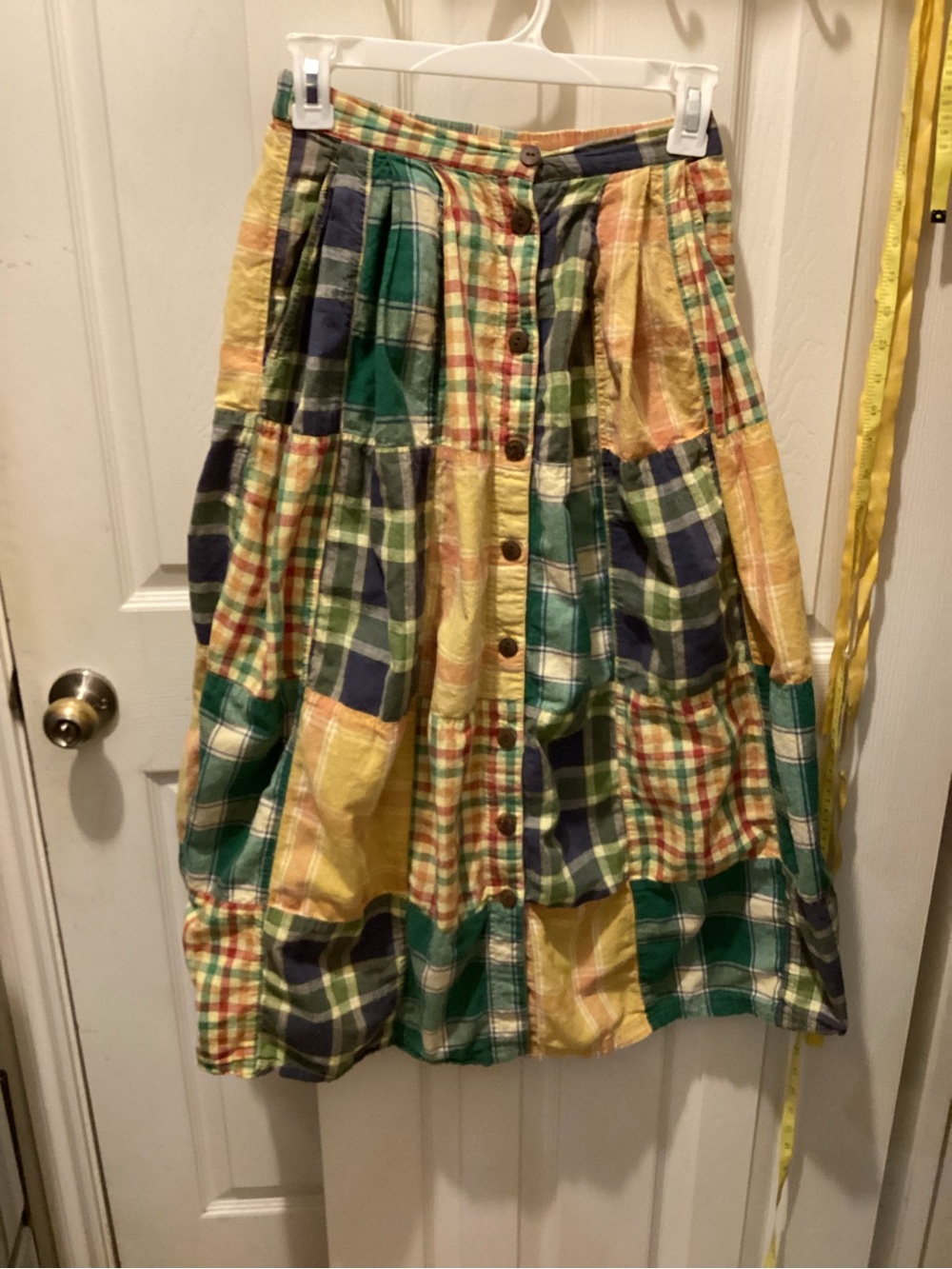 Susan Bristol Patchwork Button-Front Midi Skirt in Green & Yellow